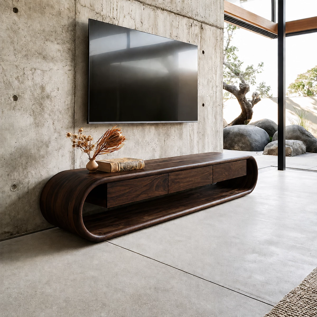 Natural Solid Wood TV Stand Sculptural Loop Modern Style - Livewoodcraft - 2