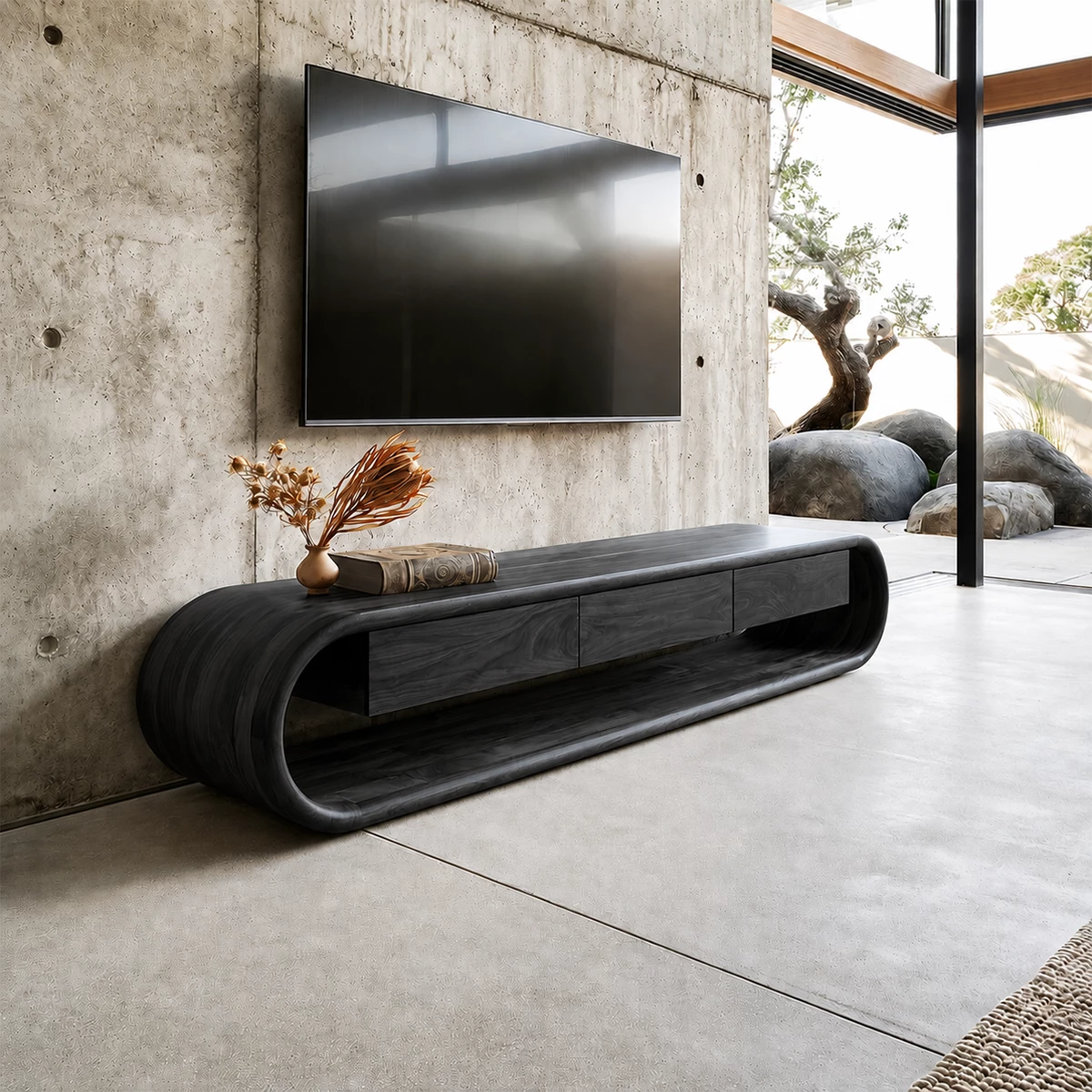 Natural Solid Wood TV Stand Sculptural Loop Modern Style - Livewoodcraft - 3