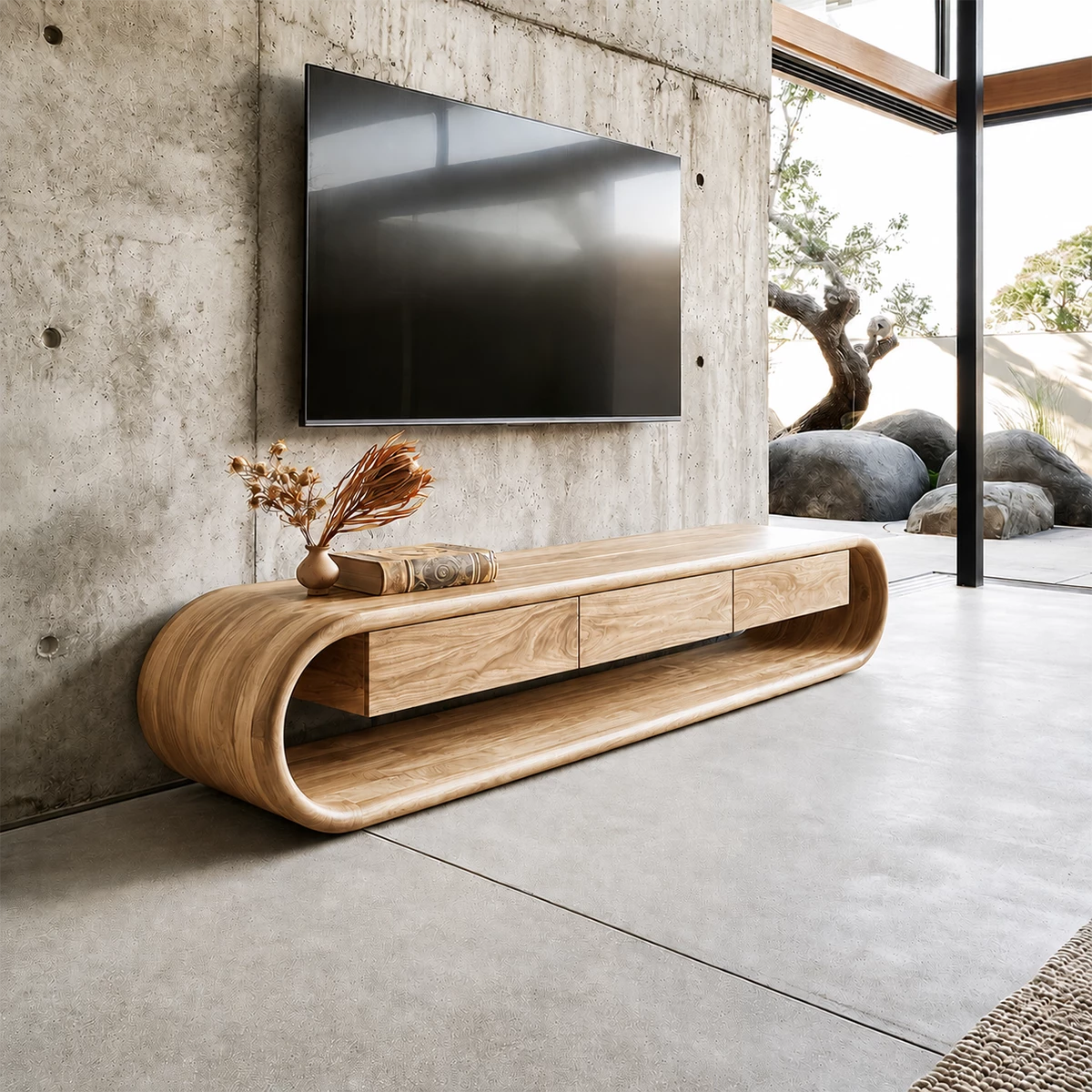 Natural Solid Wood TV Stand Sculptural Loop Modern Style - Livewoodcraft - 4