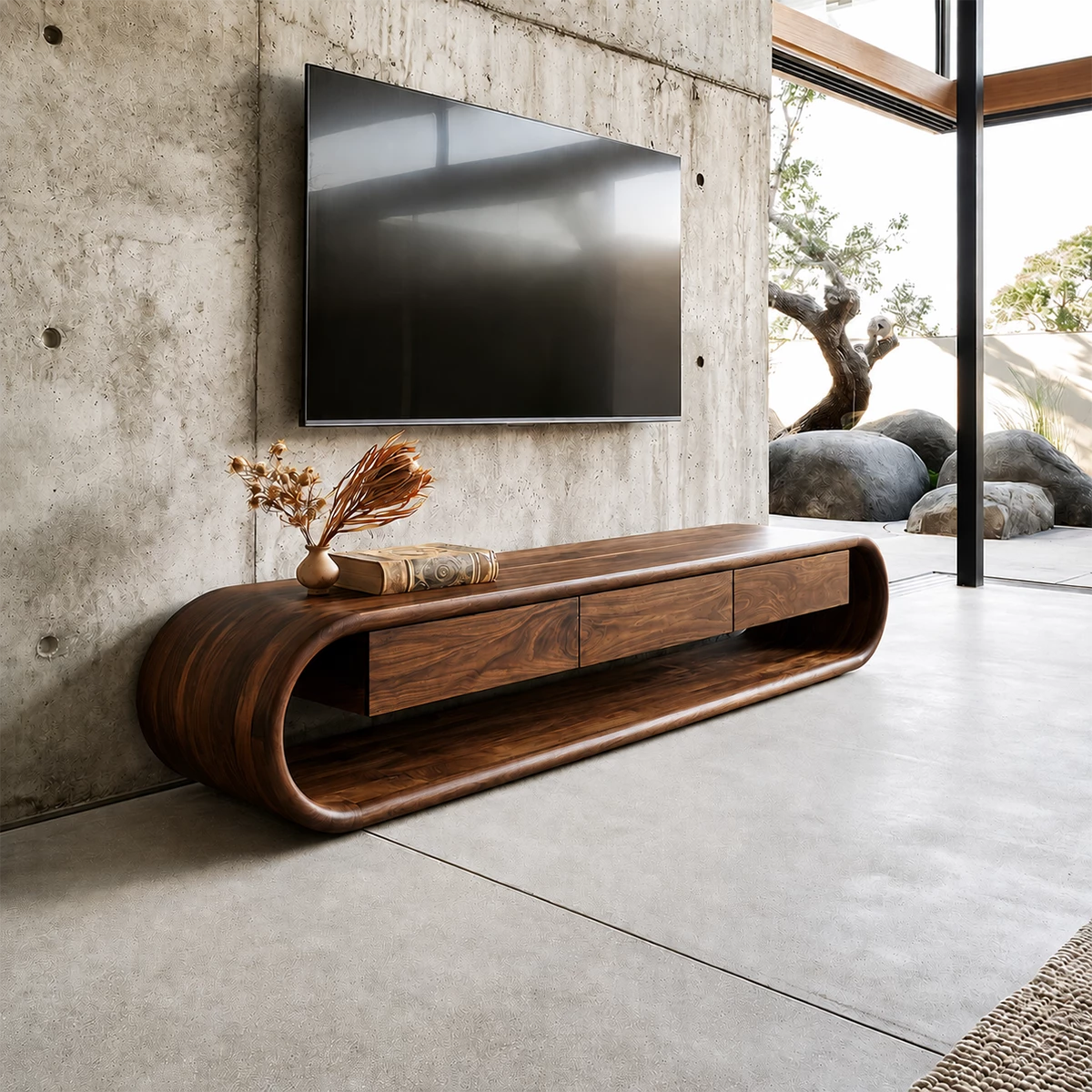 Natural Solid Wood TV Stand Sculptural Loop Modern Style - Livewoodcraft - 6