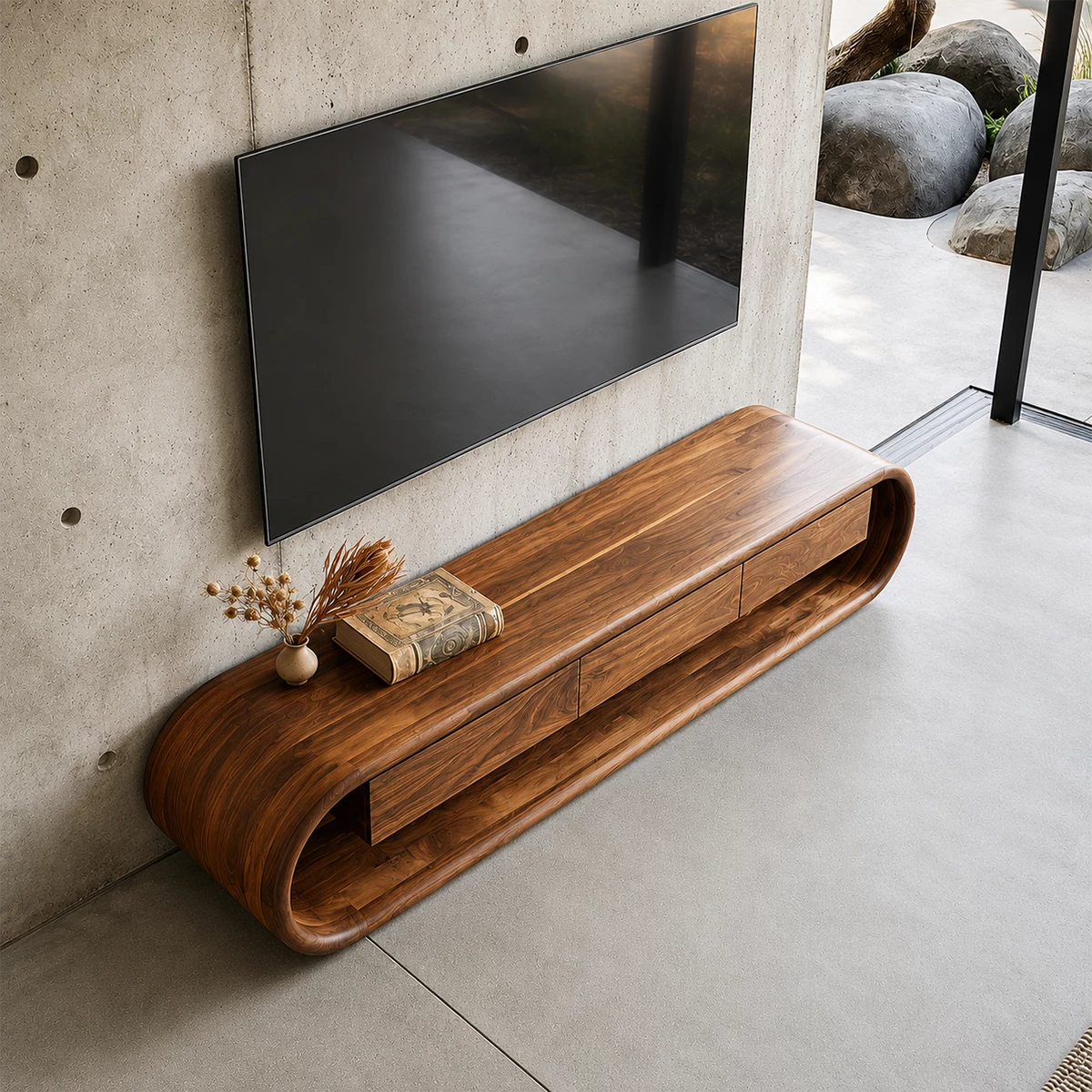 Natural Solid Wood TV Stand Sculptural Loop Modern Style - Livewoodcraft - 8