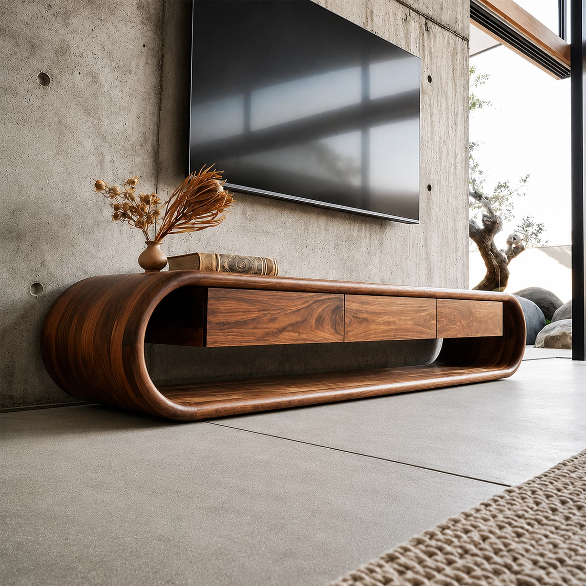 Natural Solid Wood TV Stand Sculptural Loop Modern Style - Livewoodcraft - 9