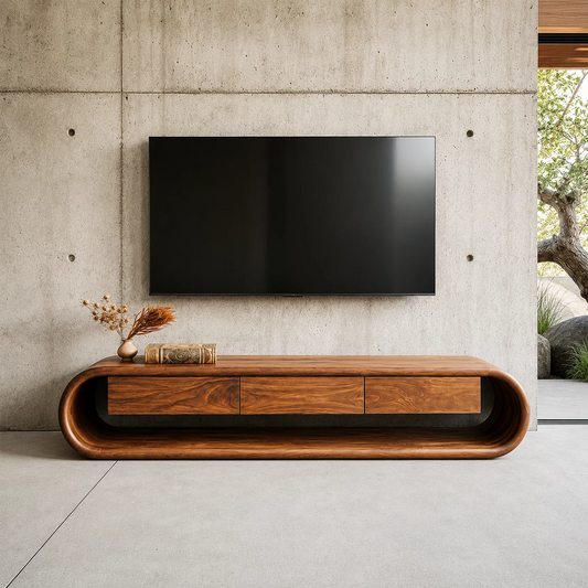 Natural Solid Wood TV Stand Sculptural Loop Modern Style - Livewoodcraft
