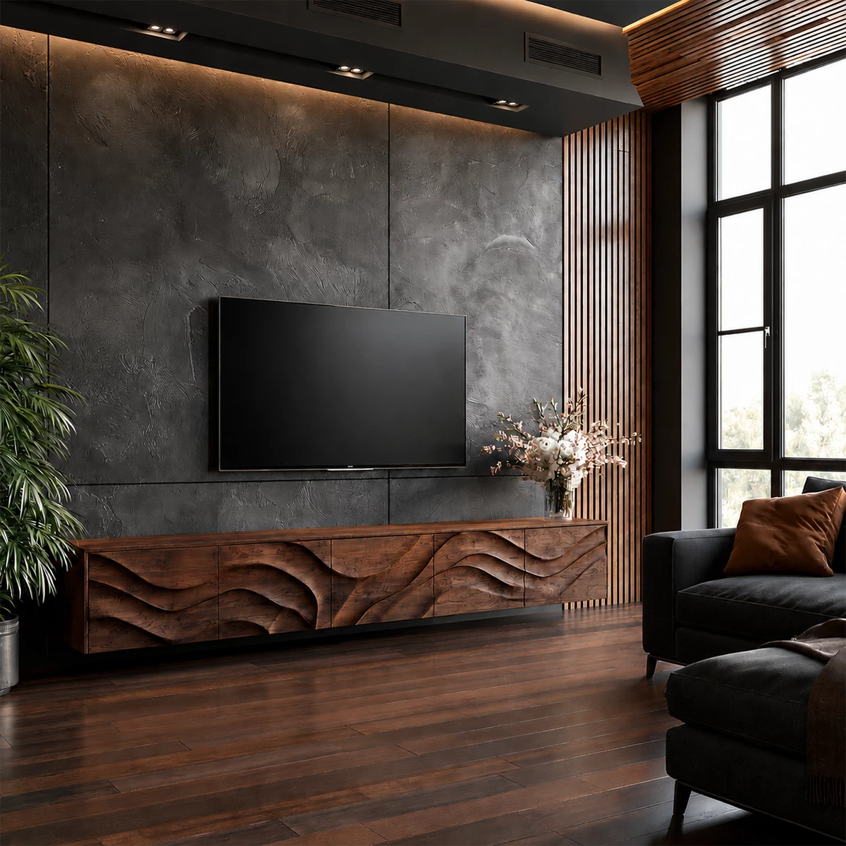 Natural Solid Wood TV Stand Sculptural Wave Modern Style - Livewoodcraft - 0880 - 2