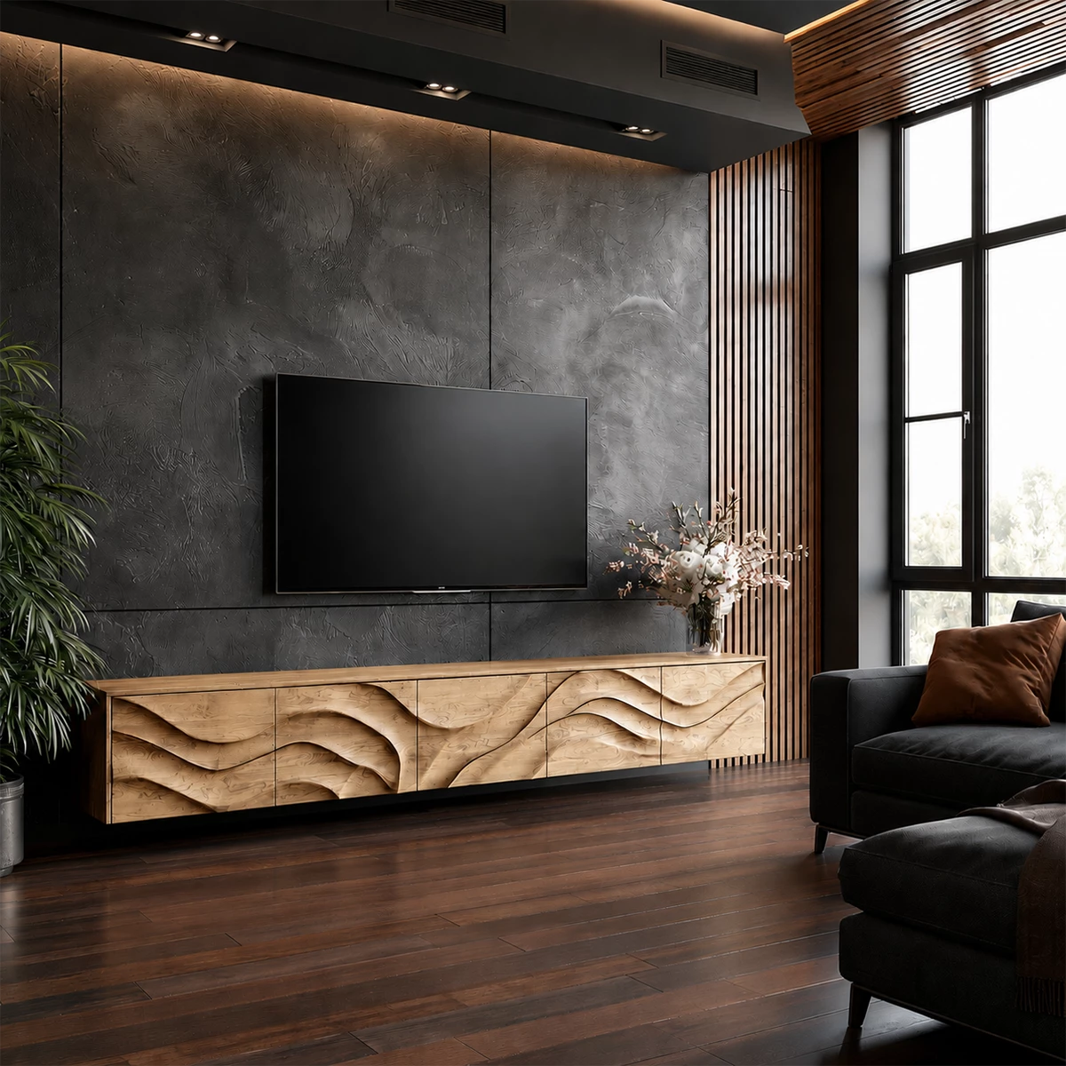 Natural Solid Wood TV Stand Sculptural Wave Modern Style - Livewoodcraft - 0880 - 4