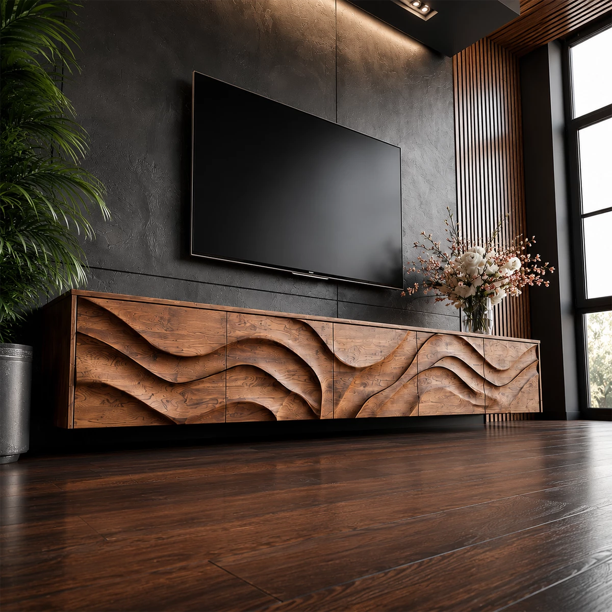 Natural Solid Wood TV Stand Sculptural Wave Modern Style - Livewoodcraft - 0880 - 7