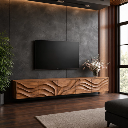 Natural Solid Wood TV Stand Sculptural Wave Modern Style - Livewoodcraft - 0880
