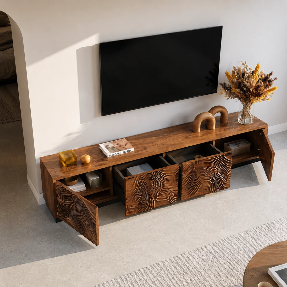 Natural Solid Wood TV Stand  Sculptural Wave Modern Style - Livewoodcraft - 3