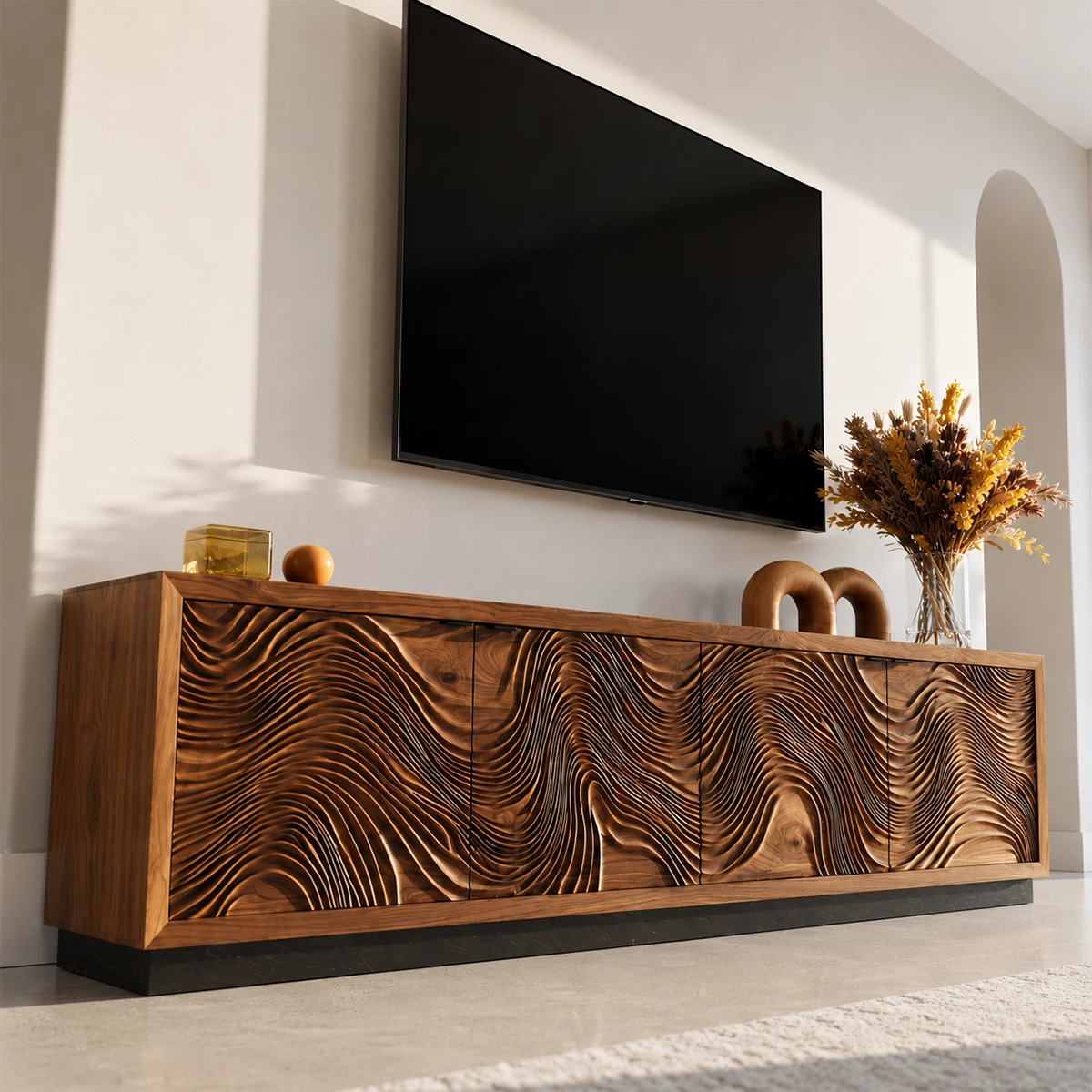 Natural Solid Wood TV Stand  Sculptural Wave Modern Style - Livewoodcraft - 4