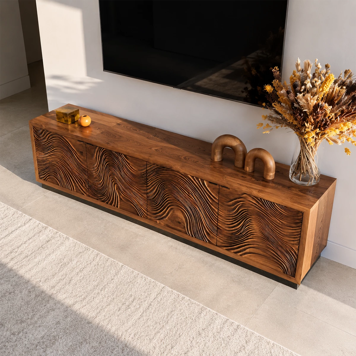 Natural Solid Wood TV Stand  Sculptural Wave Modern Style - Livewoodcraft - 5