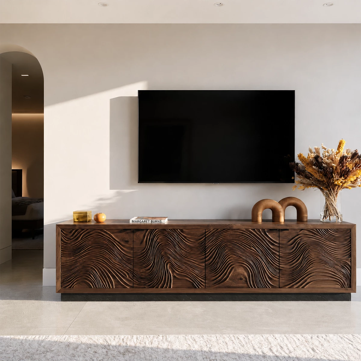 Natural Solid Wood TV Stand  Sculptural Wave Modern Style - Livewoodcraft - 9