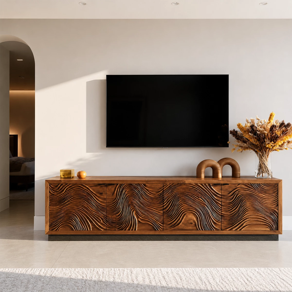 Natural Solid Wood TV Stand  Sculptural Wave Modern Style - Livewoodcraft
