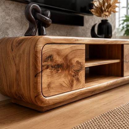 Natural Solid Wood TV Stand with Curved Cabinet Doors Minimalist Style - Livewoodcraft - 1