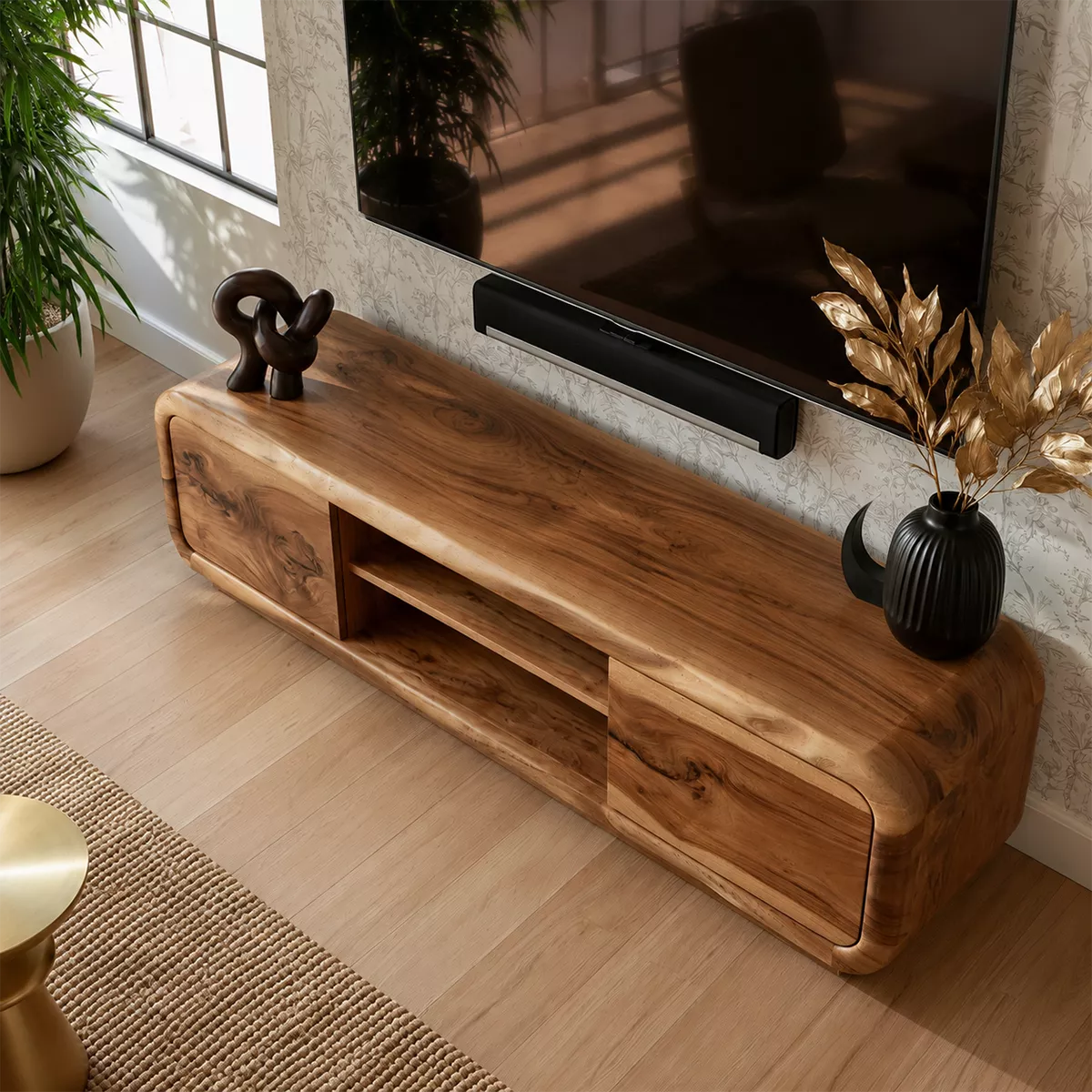 Natural Solid Wood TV Stand with Curved Cabinet Doors Minimalist Style - Livewoodcraft - 2