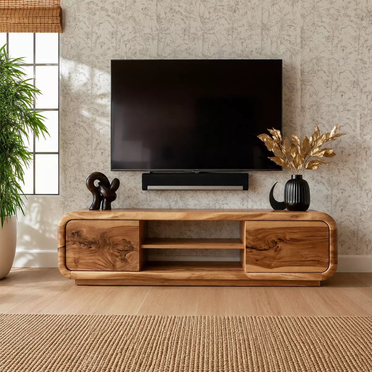 Natural Solid Wood TV Stand with Curved Cabinet Doors Minimalist Style - Livewoodcraft - 3