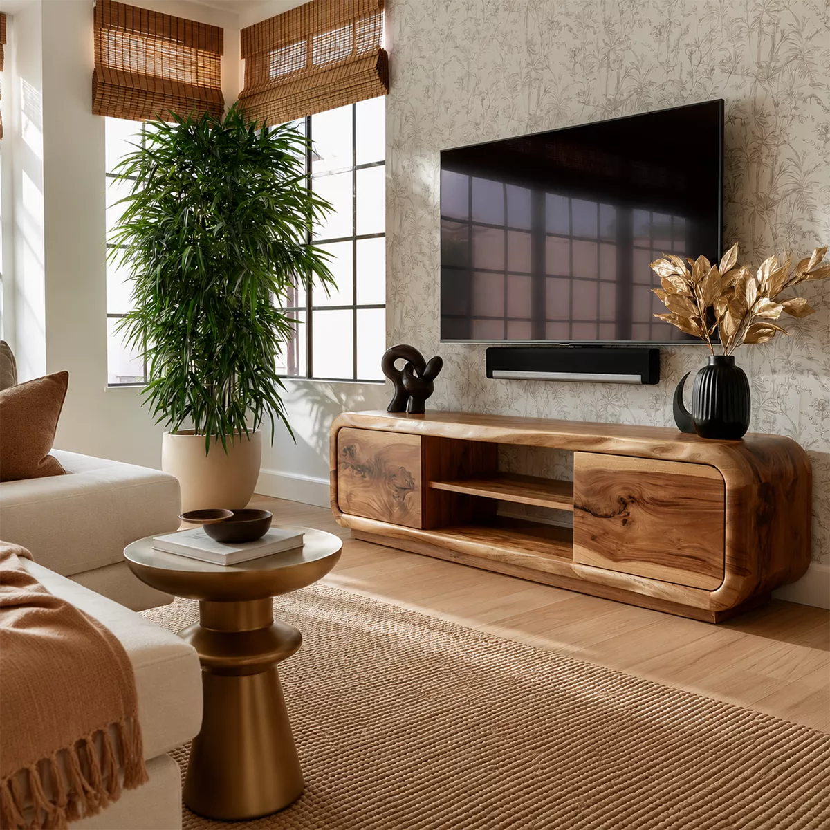 Natural Solid Wood TV Stand with Curved Cabinet Doors Minimalist Style - Livewoodcraft - 4