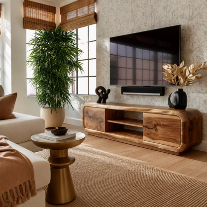 Natural Solid Wood TV Stand with Curved Cabinet Doors Minimalist Style - Livewoodcraft - 4