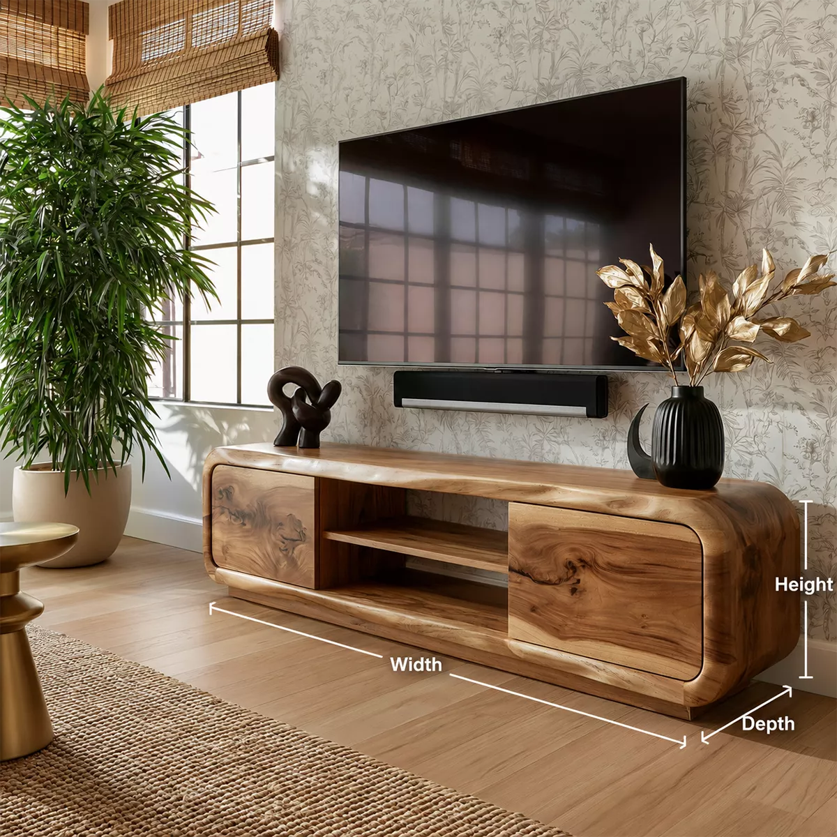 Natural Solid Wood TV Stand with Curved Cabinet Doors Minimalist Style - Livewoodcraft - 5