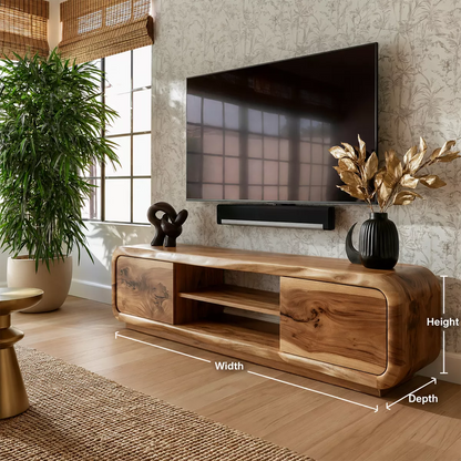 Natural Solid Wood TV Stand with Curved Cabinet Doors Minimalist Style - Livewoodcraft - 5