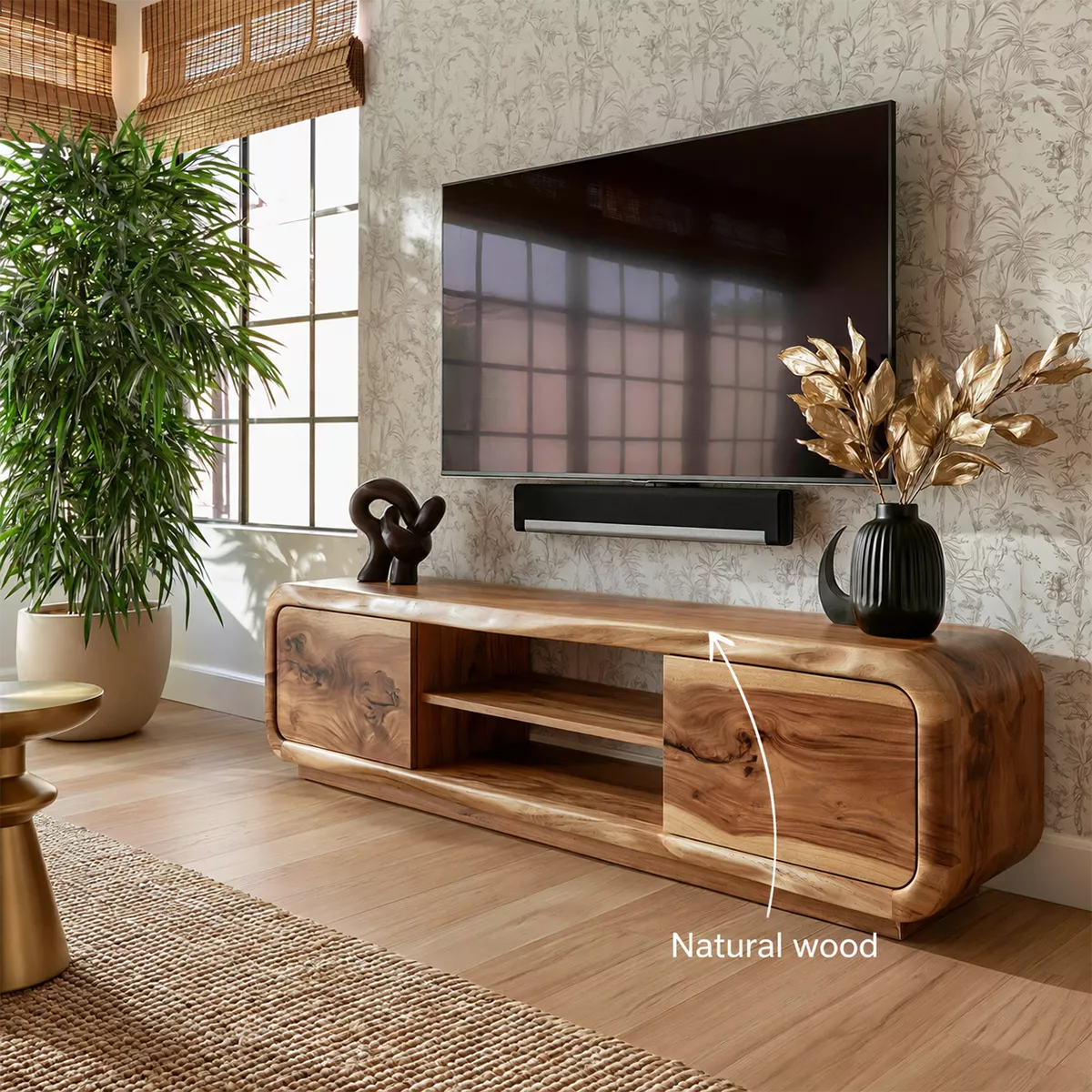 Natural Solid Wood TV Stand with Curved Cabinet Doors Minimalist Style - Livewoodcraft - 6