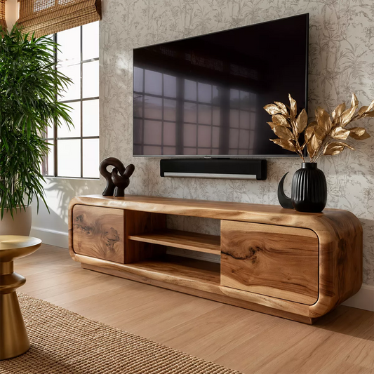 Natural Solid Wood TV Stand with Curved Cabinet Doors Minimalist Style - Livewoodcraft