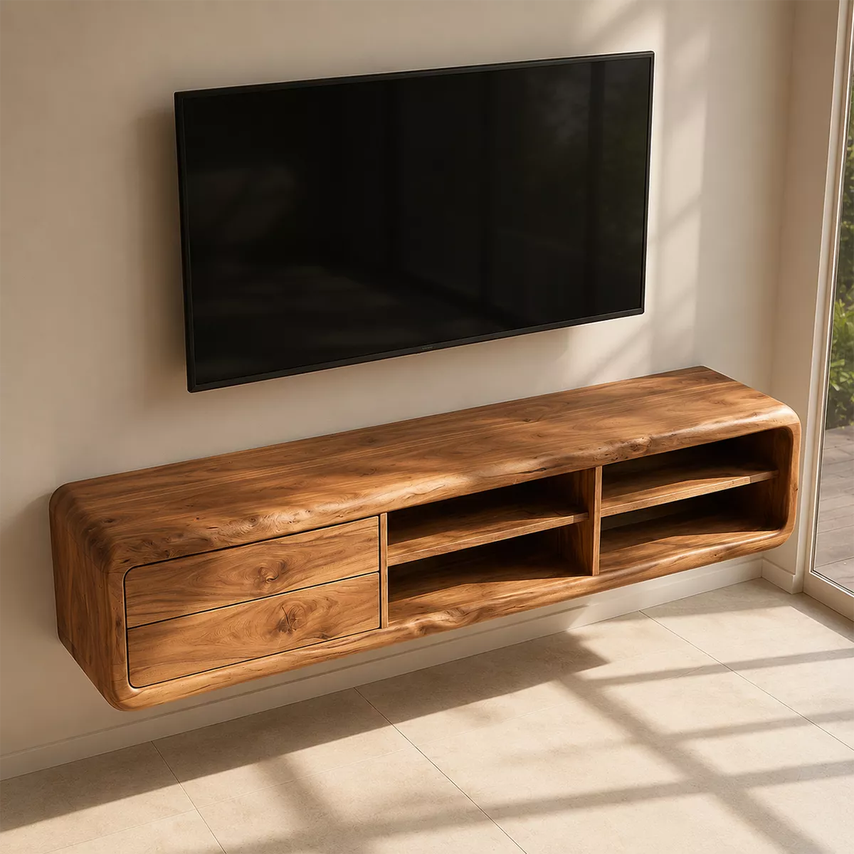 Natural Solid Wood TV Stand with Curved Form Open Storage Minimalist - Livewoodcraft - 2