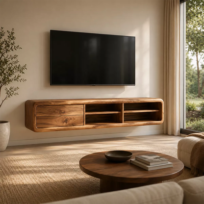 Natural Solid Wood TV Stand with Curved Form Open Storage Minimalist - Livewoodcraft - 4
