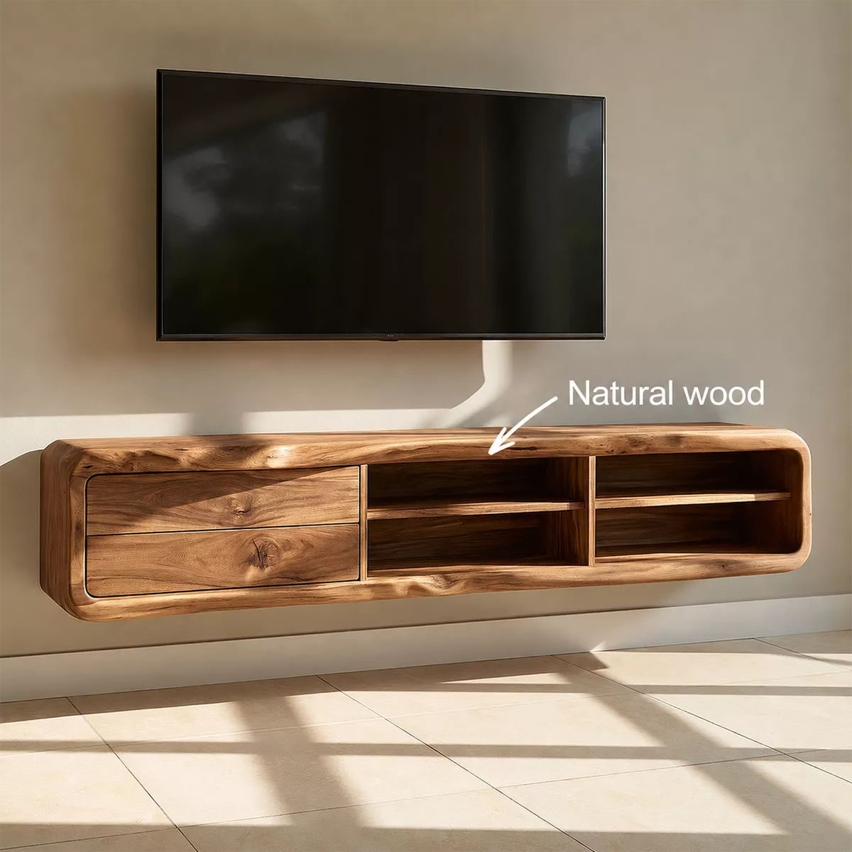 Natural Solid Wood TV Stand with Curved Form Open Storage Minimalist - Livewoodcraft - 5