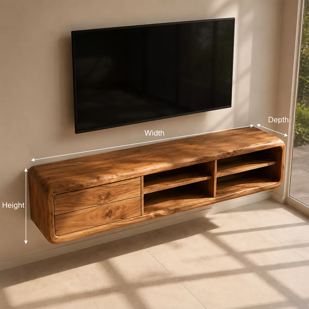 Natural Solid Wood TV Stand with Curved Form Open Storage Minimalist - Livewoodcraft - 6