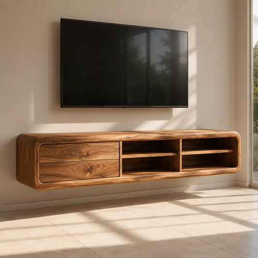 Natural Solid Wood TV Stand with Curved Form Open Storage Minimalist - Livewoodcraft