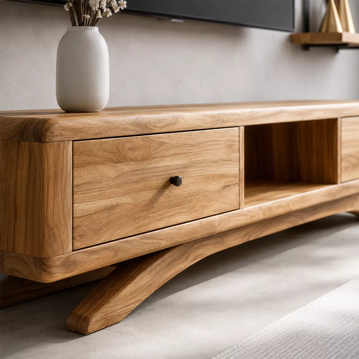 Natural Solid Wood TV Stand with Curved Legs and Drawers Scandinavian - Livewoodcraft - 1