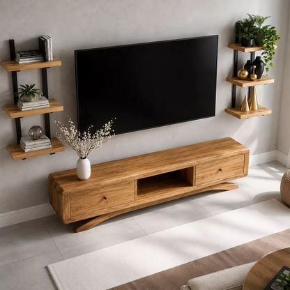 Natural Solid Wood TV Stand with Curved Legs and Drawers Scandinavian - Livewoodcraft - 2