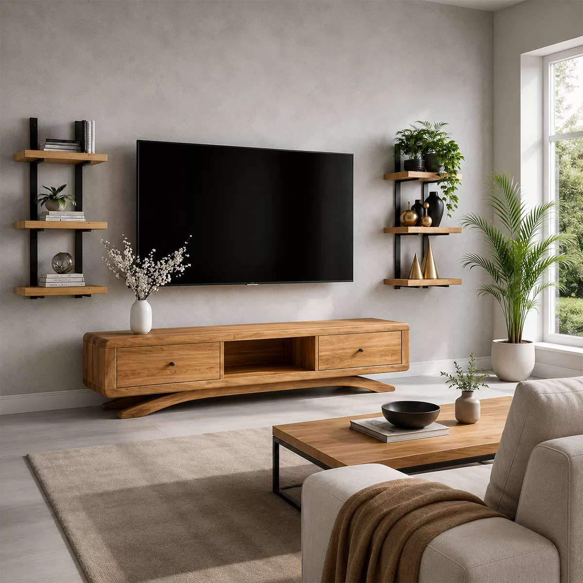 Natural Solid Wood TV Stand with Curved Legs and Drawers Scandinavian - Livewoodcraft - 4