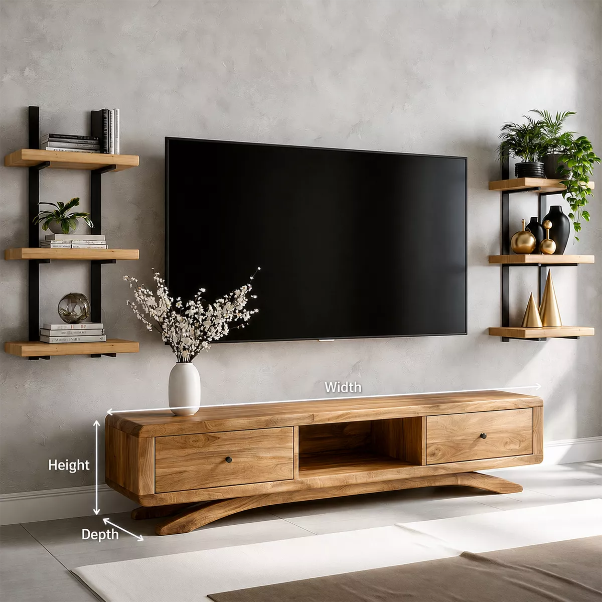 Natural Solid Wood TV Stand with Curved Legs and Drawers Scandinavian - Livewoodcraft - 5