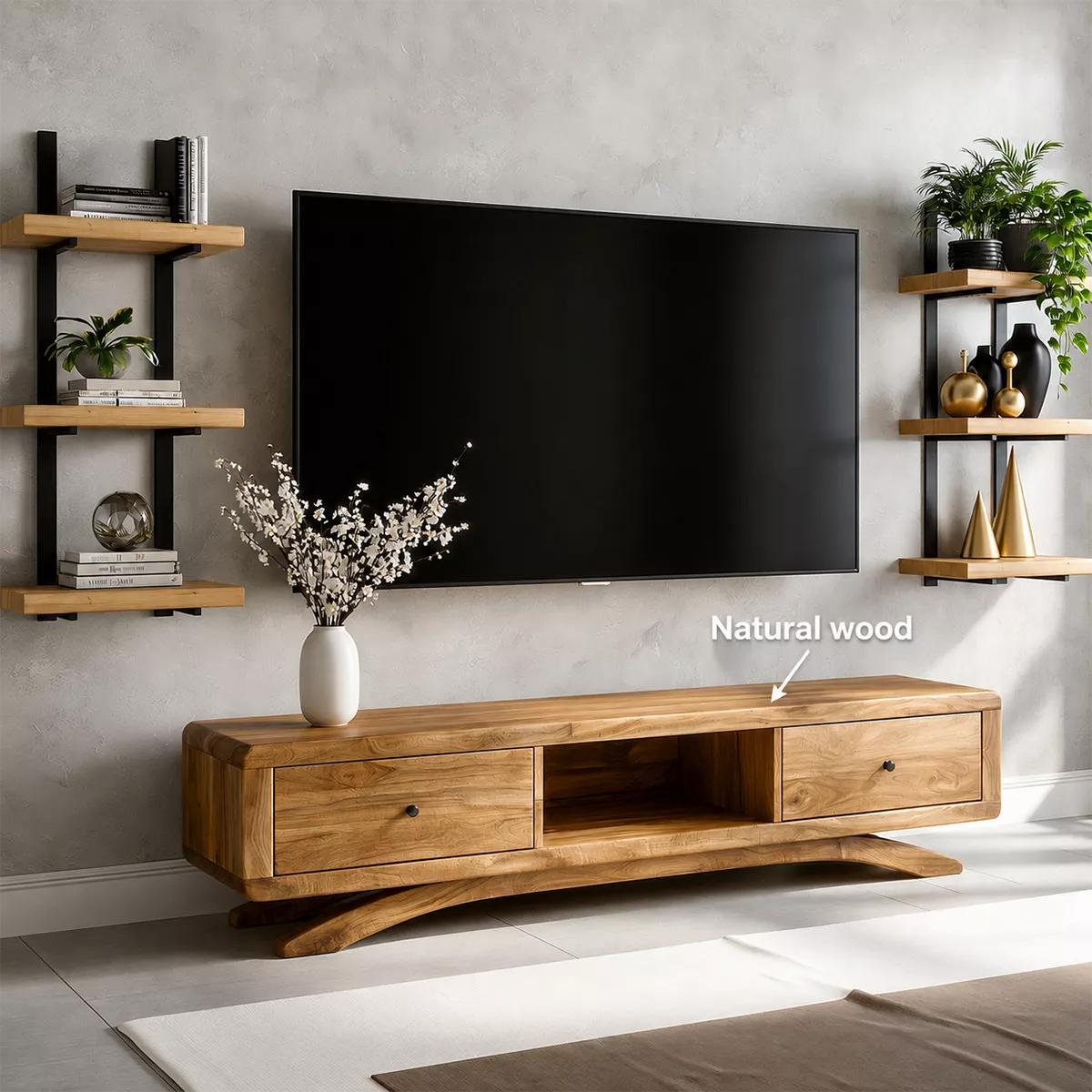 Natural Solid Wood TV Stand with Curved Legs and Drawers Scandinavian - Livewoodcraft - 6