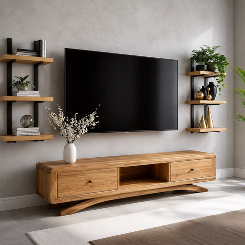 Natural Solid Wood TV Stand with Curved Legs and Drawers Scandinavian - Livewoodcraft - 7
