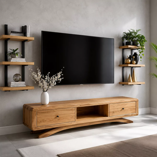 Natural Solid Wood TV Stand with Curved Legs and Drawers Scandinavian - Livewoodcraft