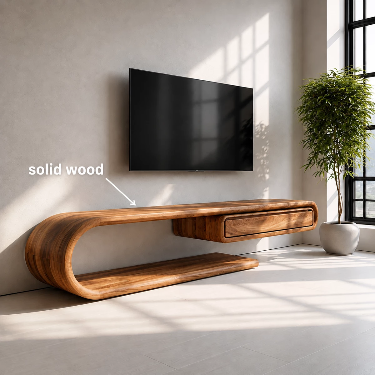 Natural Solid Wood TV Stand with Floating Drawer and Sculptural Loop Frame - Livewoodcraft - 10