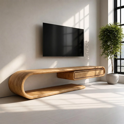 Natural Solid Wood TV Stand with Floating Drawer and Sculptural Loop Frame - Livewoodcraft - 2