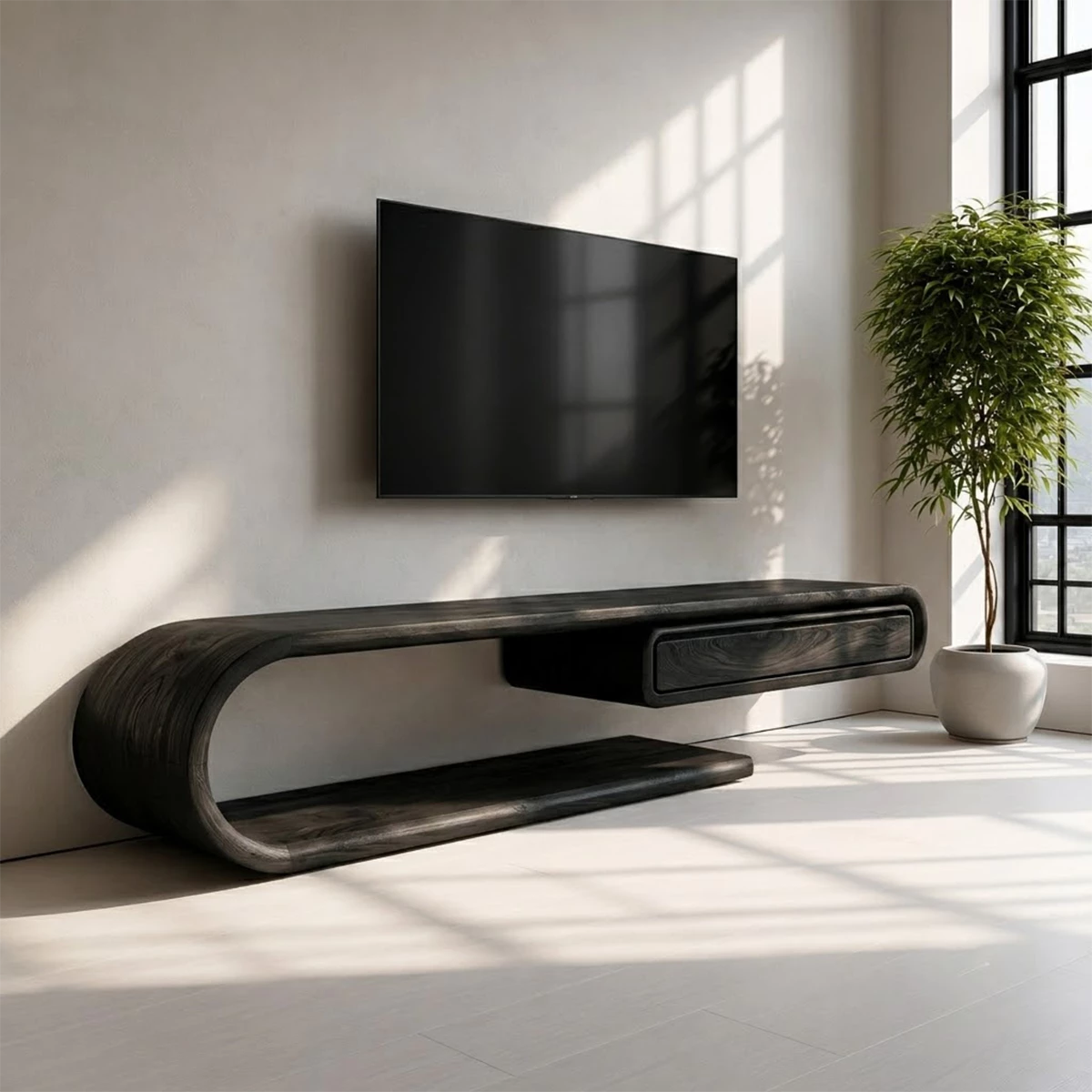 Natural Solid Wood TV Stand with Floating Drawer and Sculptural Loop Frame - Livewoodcraft - 3