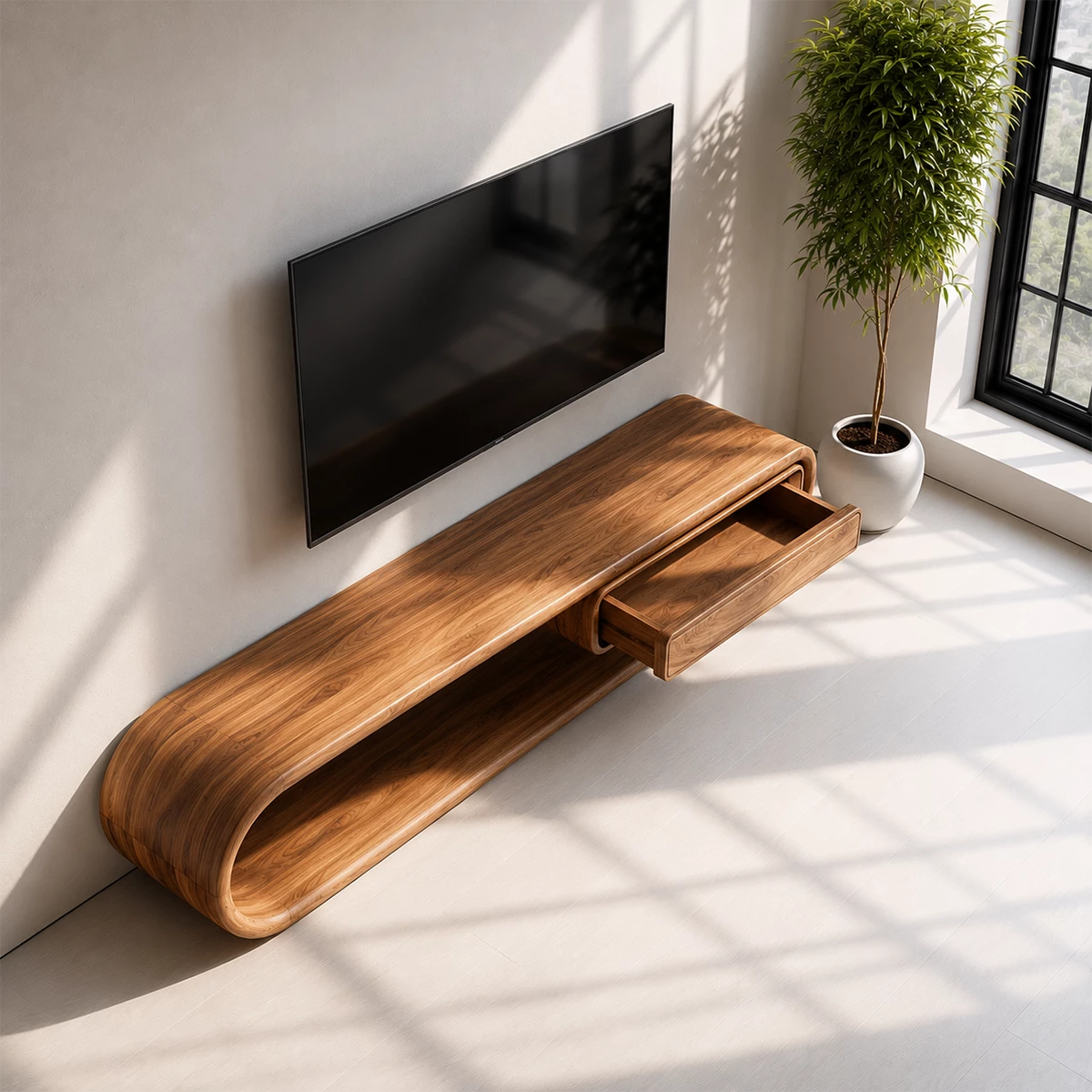 Natural Solid Wood TV Stand with Floating Drawer and Sculptural Loop Frame - Livewoodcraft - 5