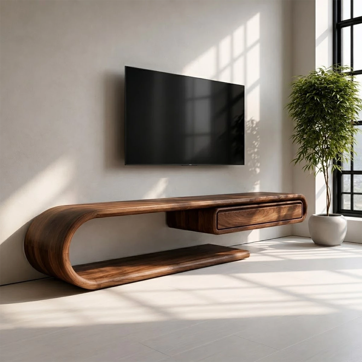Natural Solid Wood TV Stand with Floating Drawer and Sculptural Loop Frame - Livewoodcraft - 6