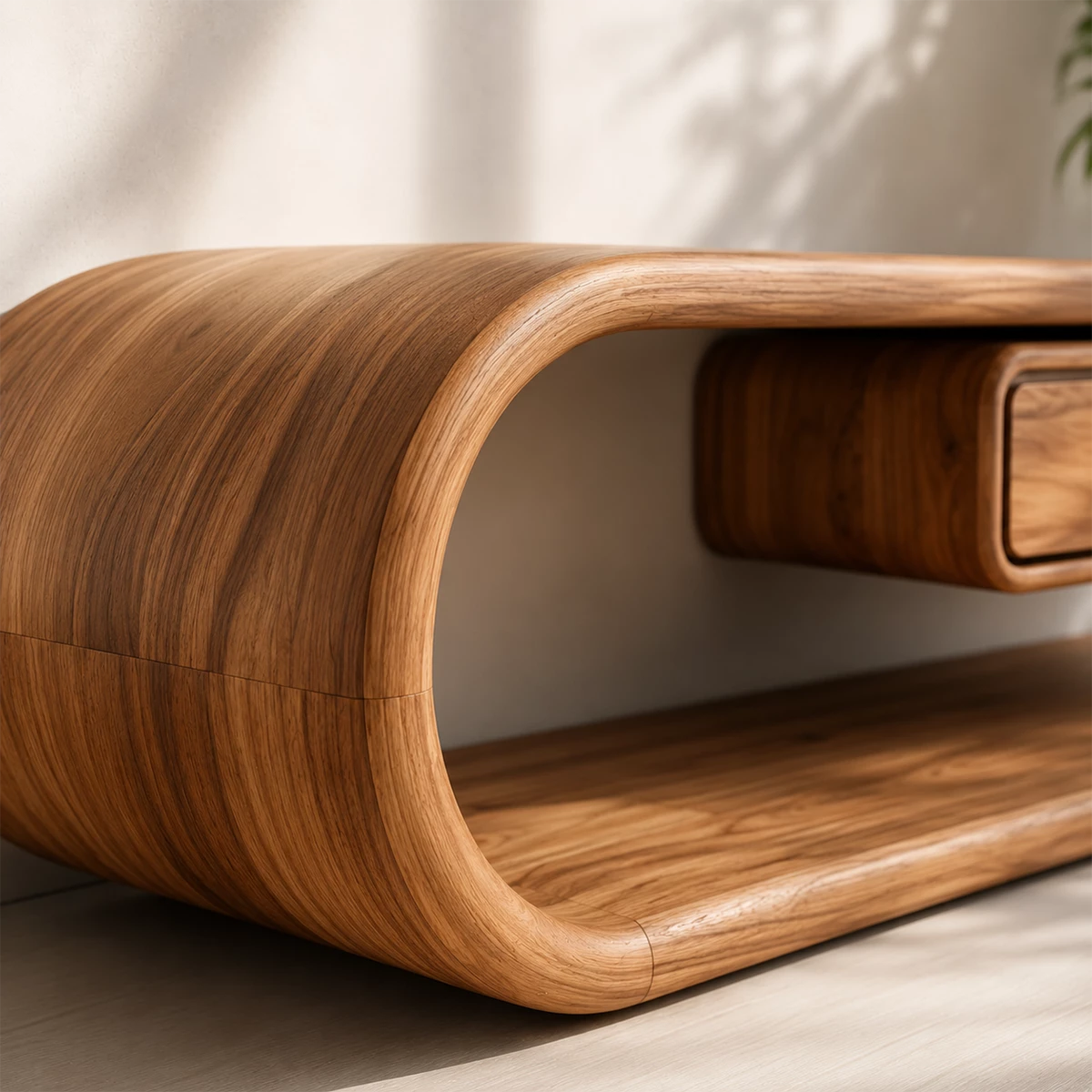 Natural Solid Wood TV Stand with Floating Drawer and Sculptural Loop Frame - Livewoodcraft - 7