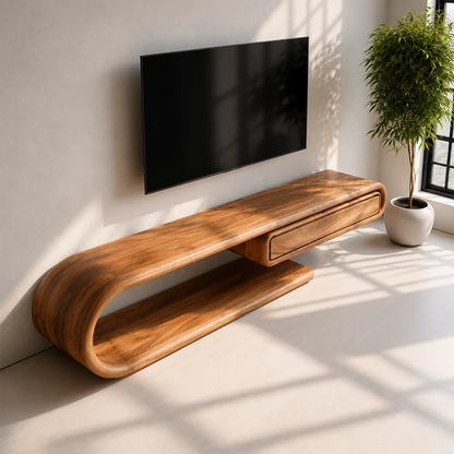 Natural Solid Wood TV Stand with Floating Drawer and Sculptural Loop Frame - Livewoodcraft - 8