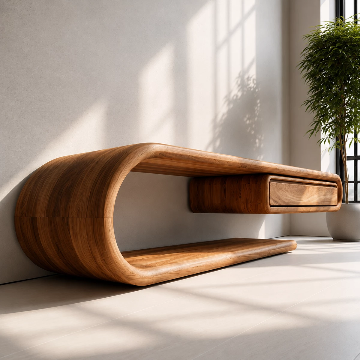 Natural Solid Wood TV Stand with Floating Drawer and Sculptural Loop Frame - Livewoodcraft - 9