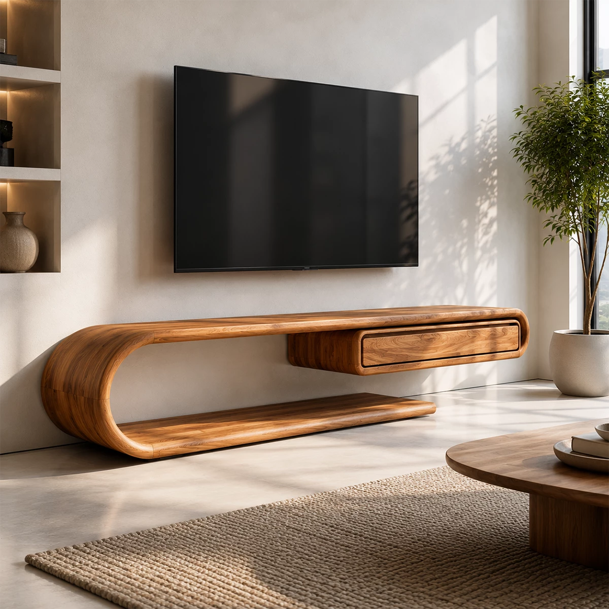 Natural Solid Wood TV Stand with Floating Drawer and Sculptural Loop Frame - Livewoodcraft