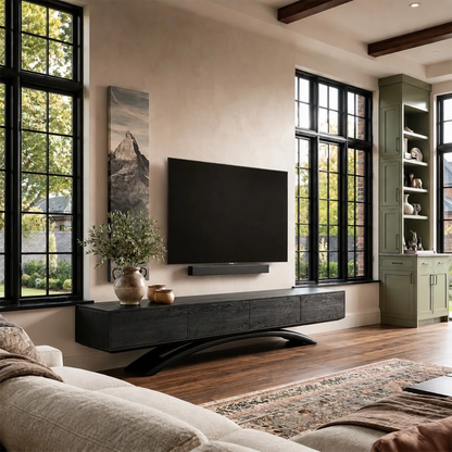Natural Solid Wood TV Stand with Four Cabinets and Sculptural Crossed Base - Livewoodcraft - 2