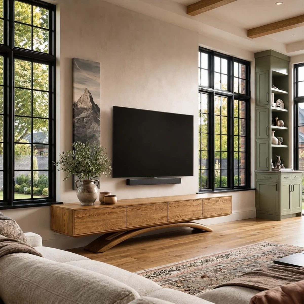 Natural Solid Wood TV Stand with Four Cabinets and Sculptural Crossed Base - Livewoodcraft - 3
