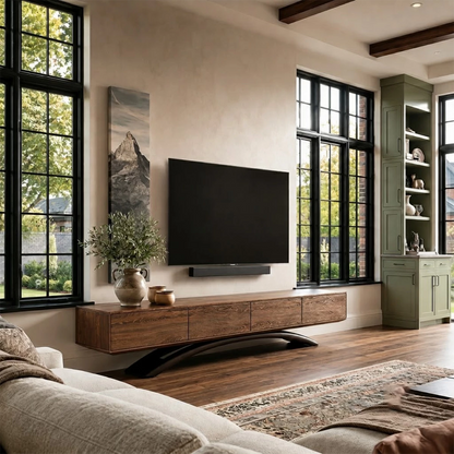 Natural Solid Wood TV Stand with Four Cabinets and Sculptural Crossed Base - Livewoodcraft - 4