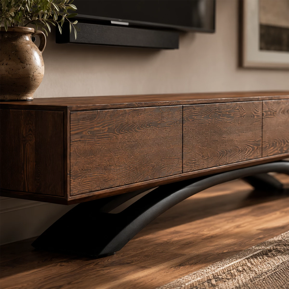 Natural Solid Wood TV Stand with Four Cabinets and Sculptural Crossed Base - Livewoodcraft - 5